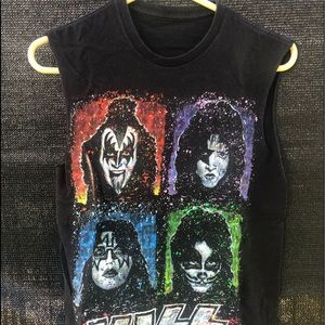 Vintage KISS rock band, black with paint splattered sleeveless shirt no tag S/M